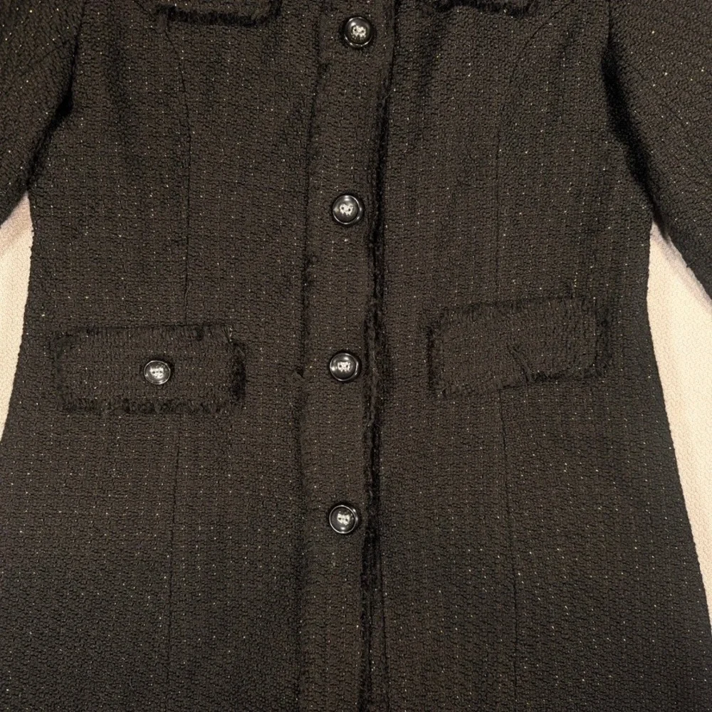 Luii Tweed Wool Blend Coat Large Women Black Gold Metallic Fringed Trim